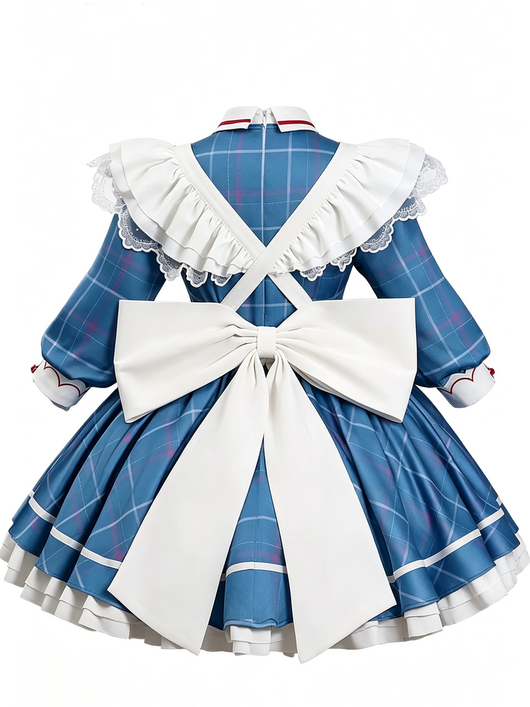 Blue Plaid Lolita Dress with White Apron Long Sleeve Sweet Outfit - view 2