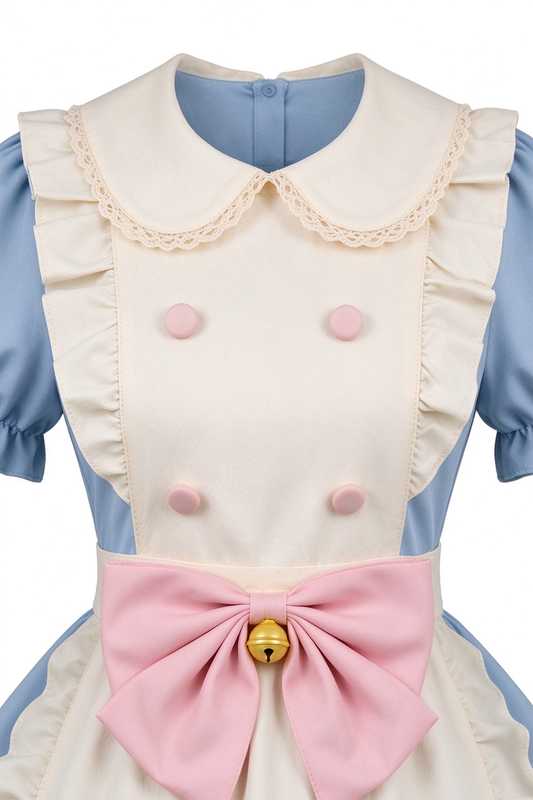 Blue and Beige Lace Cat Paw Maid Lolita Jumper Dress with Bow - view 2