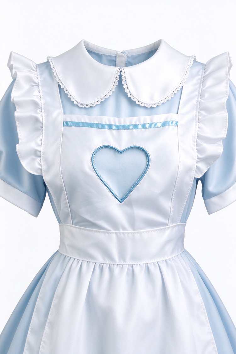 Blue and White Lace Maid Lolita Jumper Dress with Heart Apron - view 3