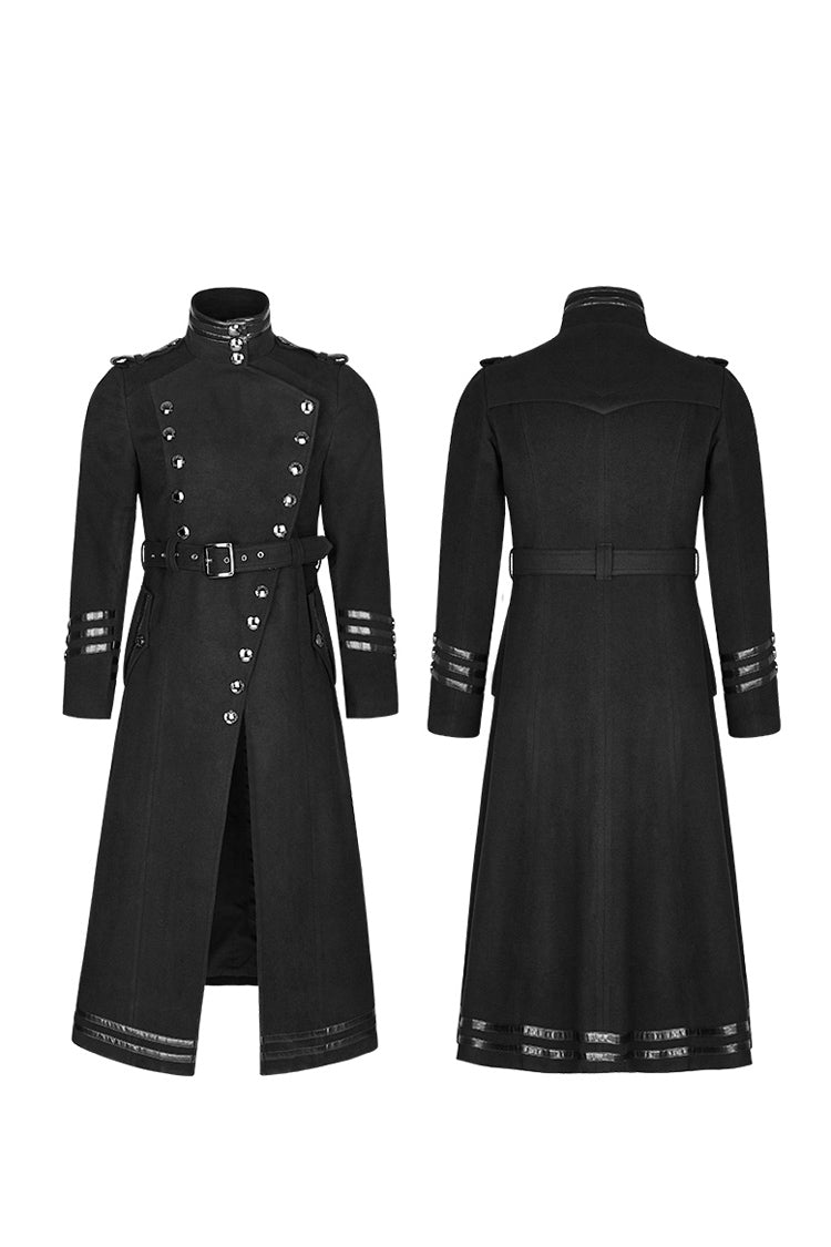 Black Military Uniform Double Breasted Men's Long Gothic Coat With Belt - Product - 4