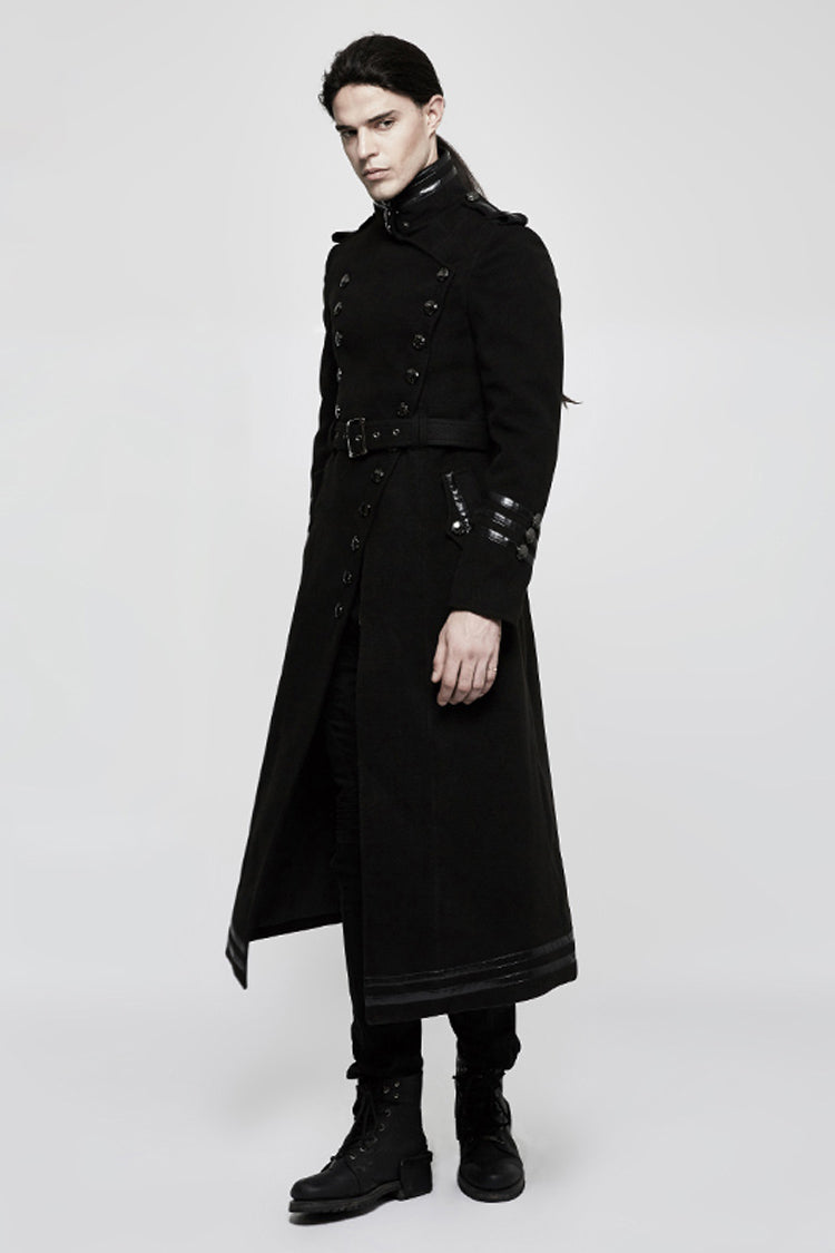 Black Military Uniform Double Breasted Men's Long Gothic Coat With Belt - Product - 5