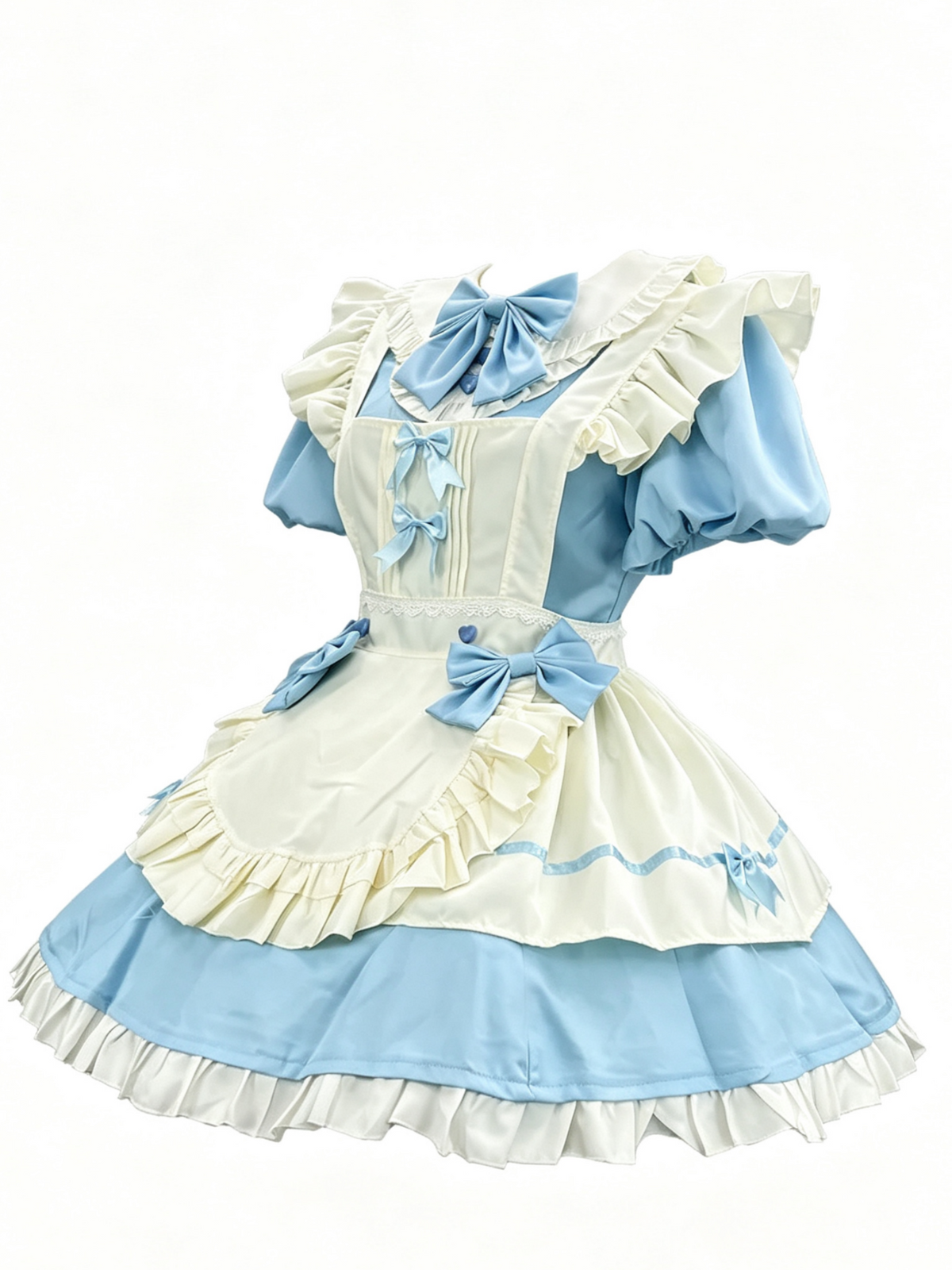 Blue and White Ruffled Lolita Dress with Apron Bow Accent 商品画像