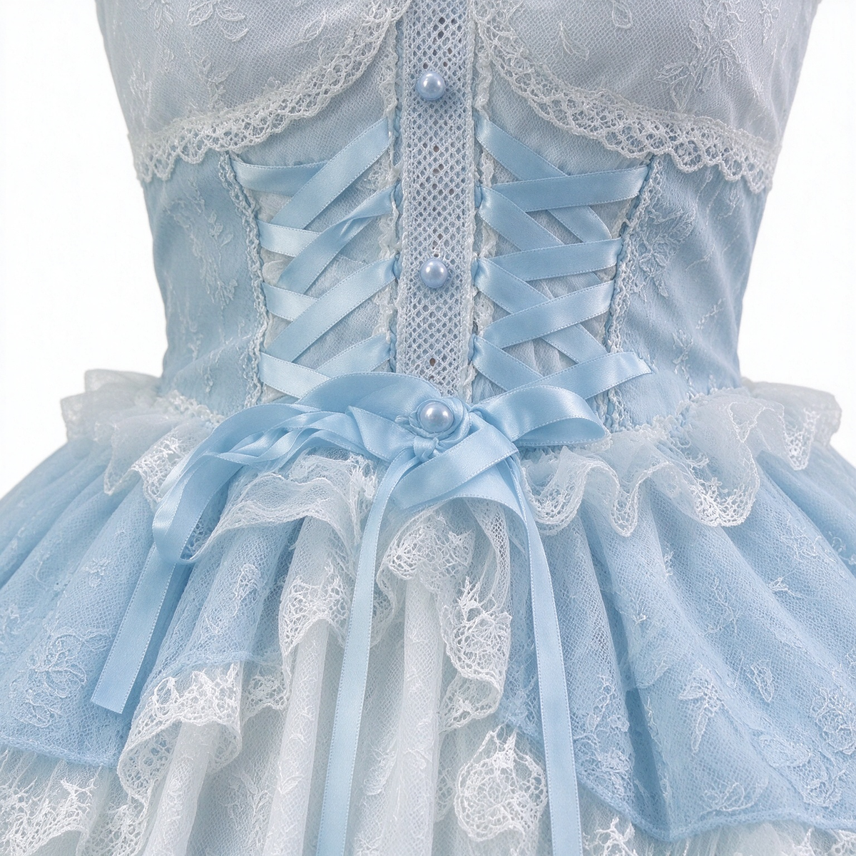 Pink and Light Blue Ruffled Lace Strap Dress with Bow Accent - view 3