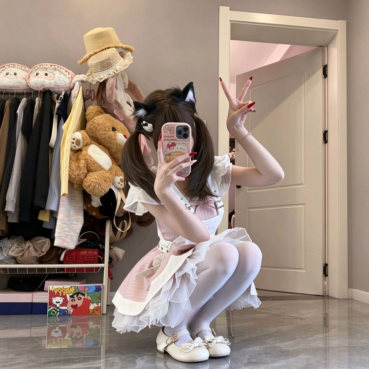 Black and White Striped Ruffled Lolita Dress with Belt Accent 商品画像