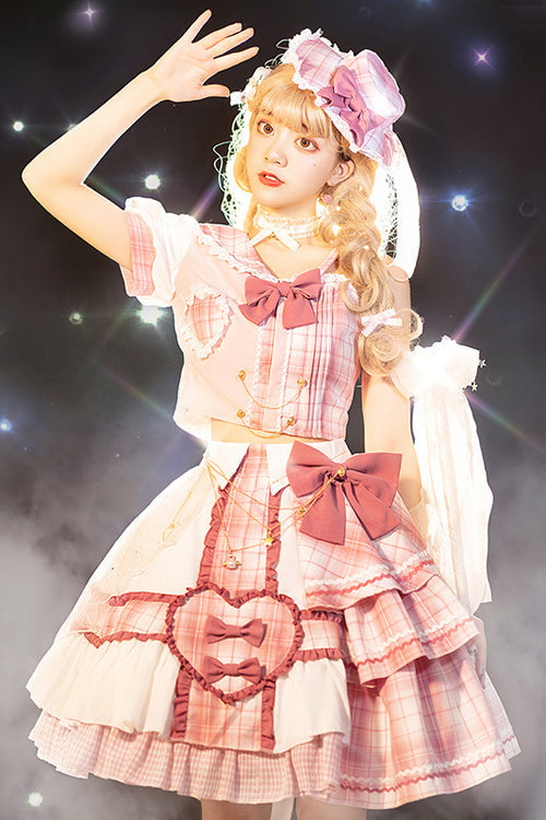 Pink Chest Bowknot One Shoulder Sleeves Plaid Print Suit Sweet Lolita Dress - Product - 3