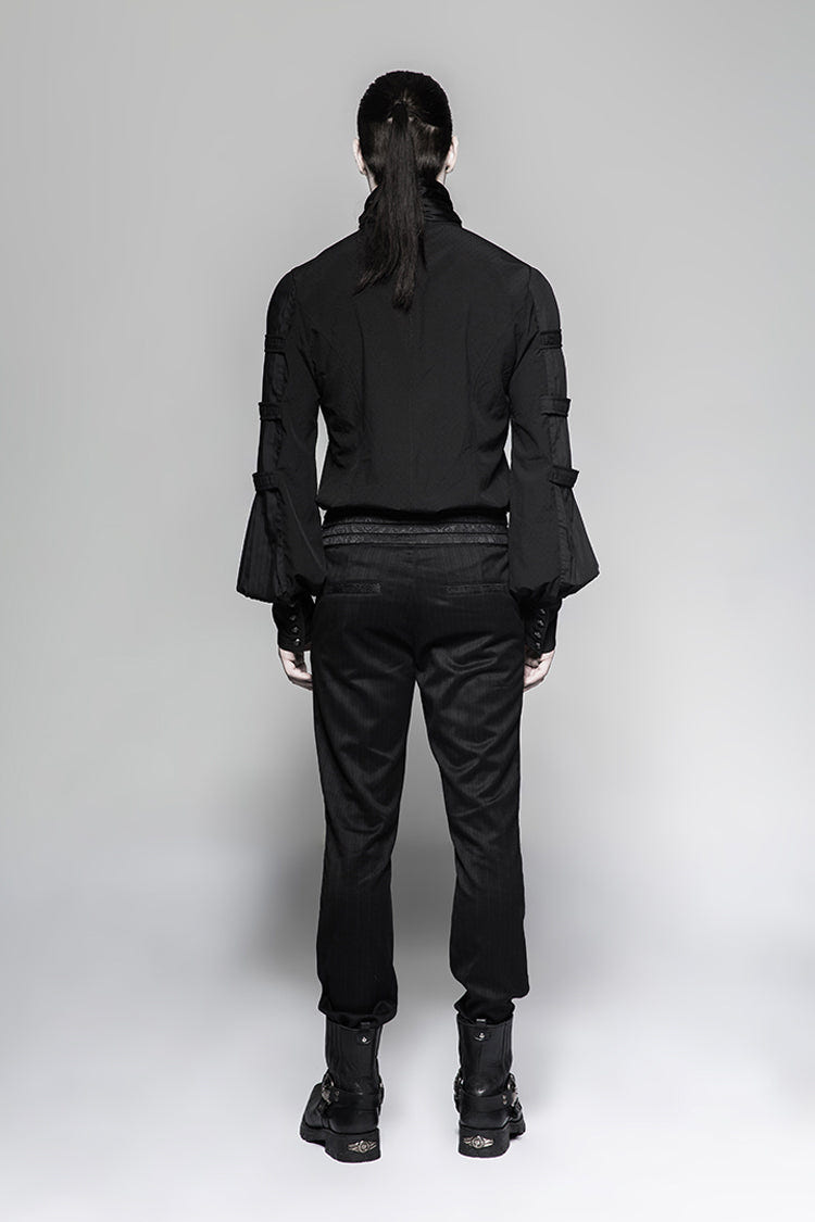 Black Stripes Long Sleeves Print Mens Gothic Blouse With Necktie - Product - 5