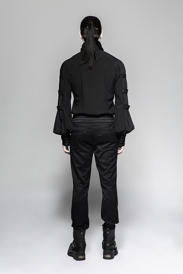 Black Stripes Long Sleeves Print Mens Gothic Blouse With Necktie - Product - 5