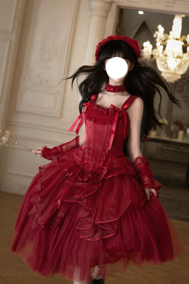 Red [The Summer Waves Sparkle] Square Collar Sleeveless Multi-Layered Ruffled Bow Lace-Up Slim Classic Lolita Skirt Set - Product - 13