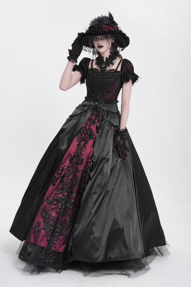 Black/Red Off Shoulder Embroidery Stitching Lace Women's Gothic Dress - Product - 14