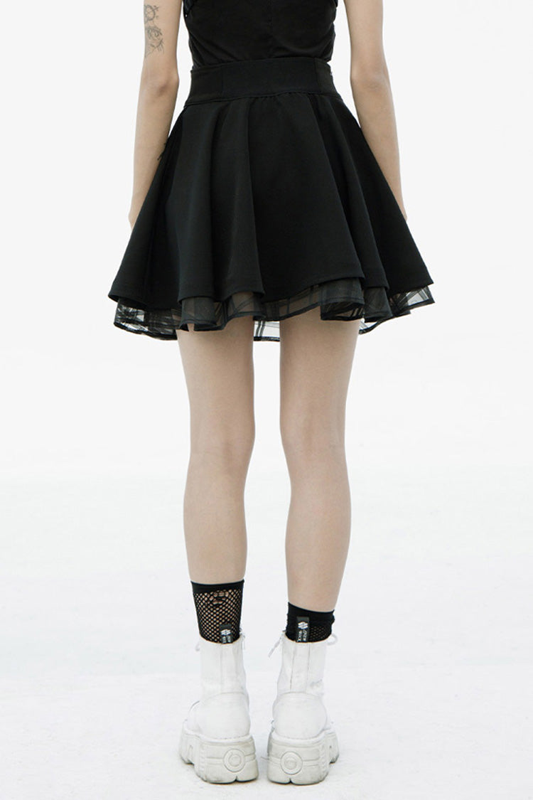 Black Front Metal Buckle Loops High Waist Splice Mesh Women's Punk Skirt - Product - 3