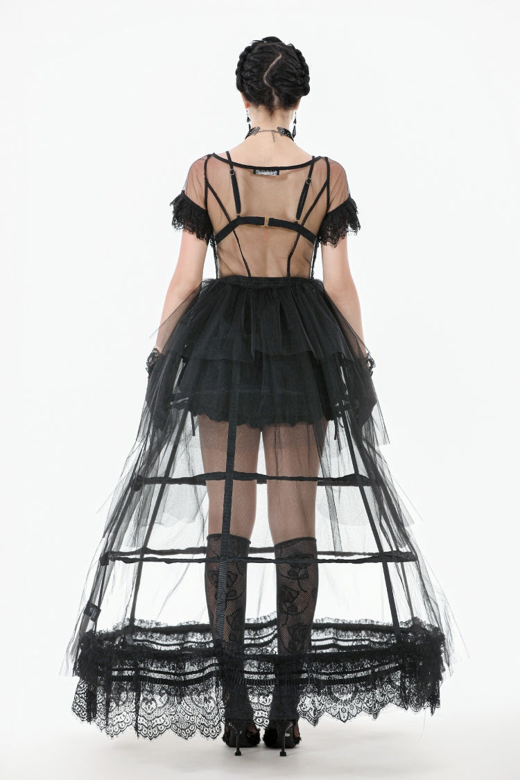 Black V Collar Short Sleeves Multi-Layered Sheer Mesh Women's Gothic Dress - Product - 4