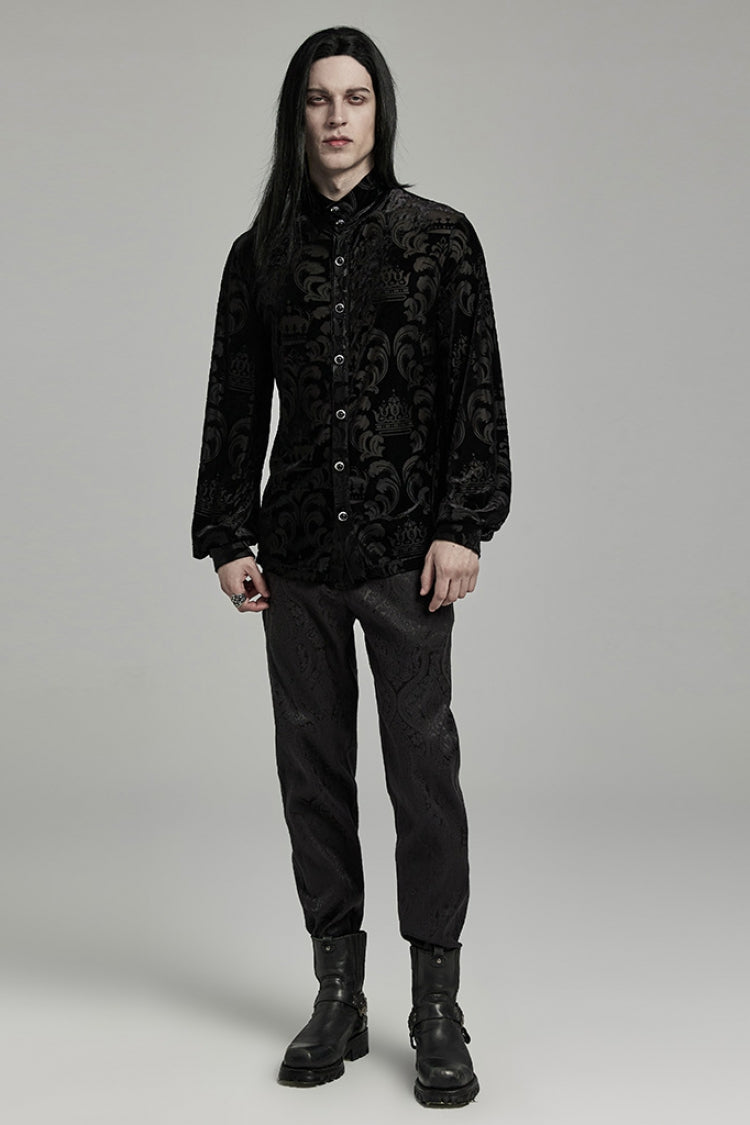 Black Stand Collar Puff Sleeves Jacquard Print Men's Gothic Blouse - Product - 4