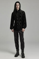 Black Stand Collar Puff Sleeves Jacquard Print Men's Gothic Blouse - Product - 4
