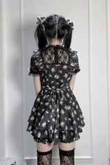 [Rose Letter] Peter Pan Collar Short Sleeves Double-Layered Printed Ruffled Open-Front Lace-Up Sweet Jirai Kei Dress Set 2 Colors - Product - 12