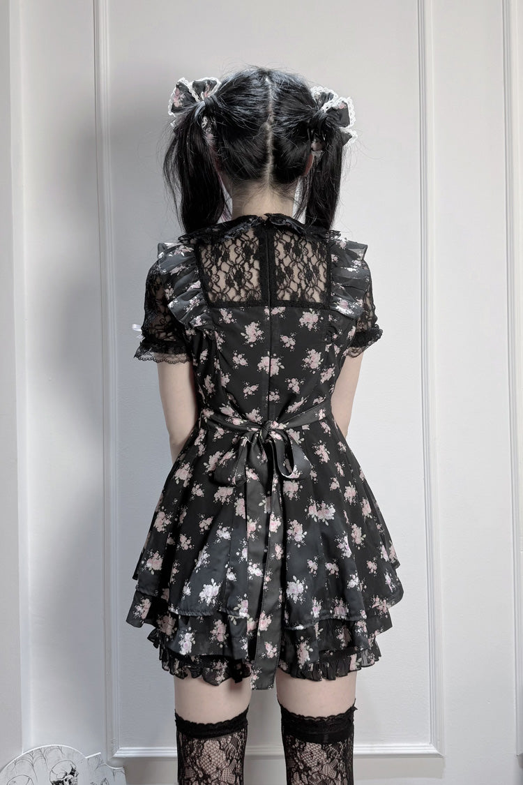 [Rose Letter] Peter Pan Collar Short Sleeves Double-Layered Printed Ruffled Open-Front Lace-Up Sweet Jirai Kei Dress Set 2 Colors - Product - 12