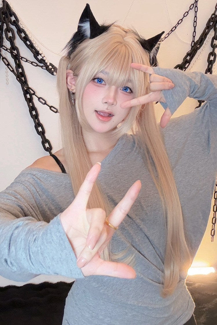 Milk Tea Gold Long Straight Twin Pigtails Sweet Lolita Wig Set - Product - 3