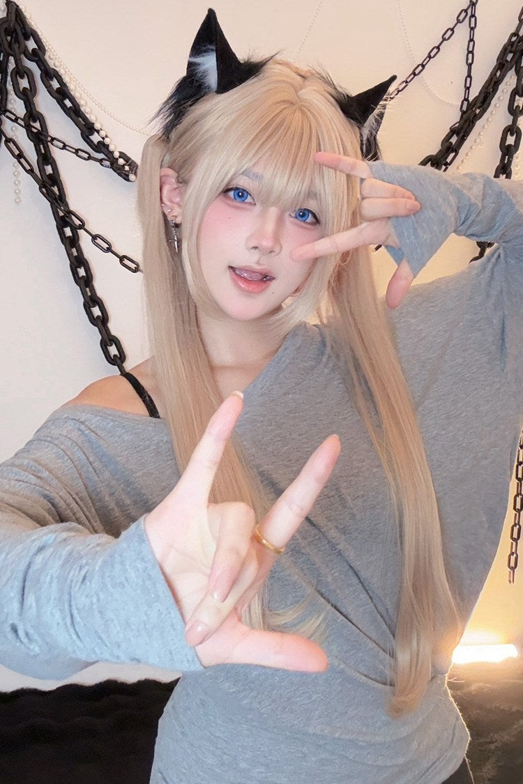 Milk Tea Gold Long Straight Twin Pigtails Sweet Lolita Wig Set - Product - 3