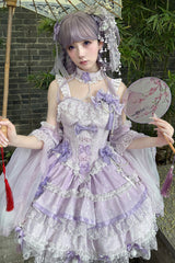 Purple [Prelude of Spring Cherry] Square Collar Sleeveless Multi-Layered Jacquard Ruffled Bow Lace Pearl-Decorated Sweet Lolita Jsk Dress - Product - 4