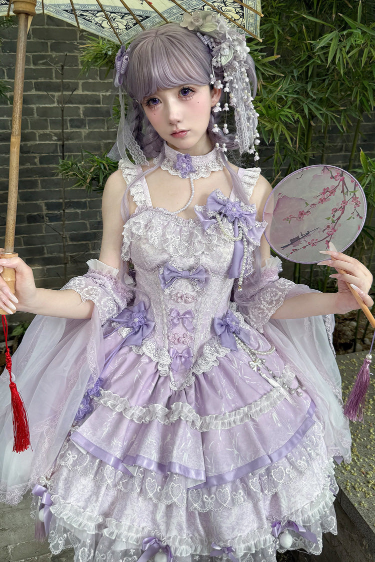 Purple [Prelude of Spring Cherry] Square Collar Sleeveless Multi-Layered Jacquard Ruffled Bow Lace Pearl-Decorated Sweet Lolita Jsk Dress - Product - 4