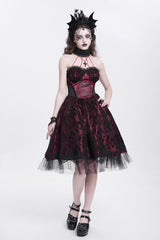 Red Halterneck Skeleton Print Embroidery Stitching Lace Women's Gothic Dress - Product - 9