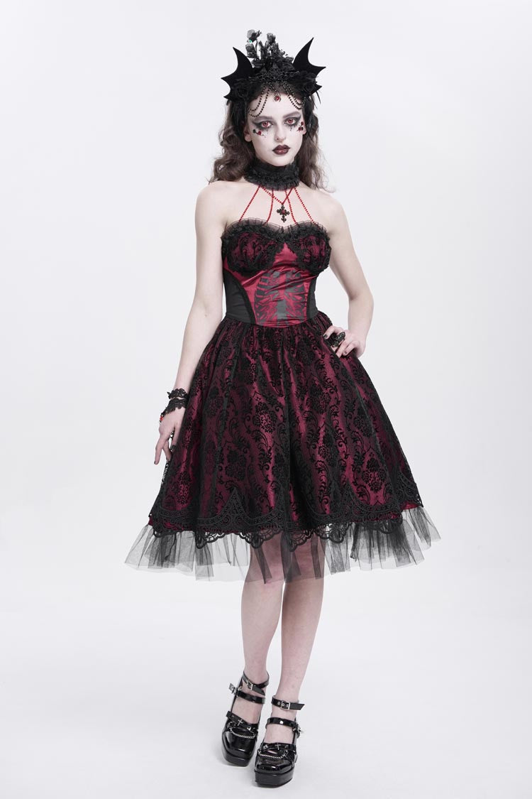 Red Halterneck Skeleton Print Embroidery Stitching Lace Women's Gothic Dress - Product - 9