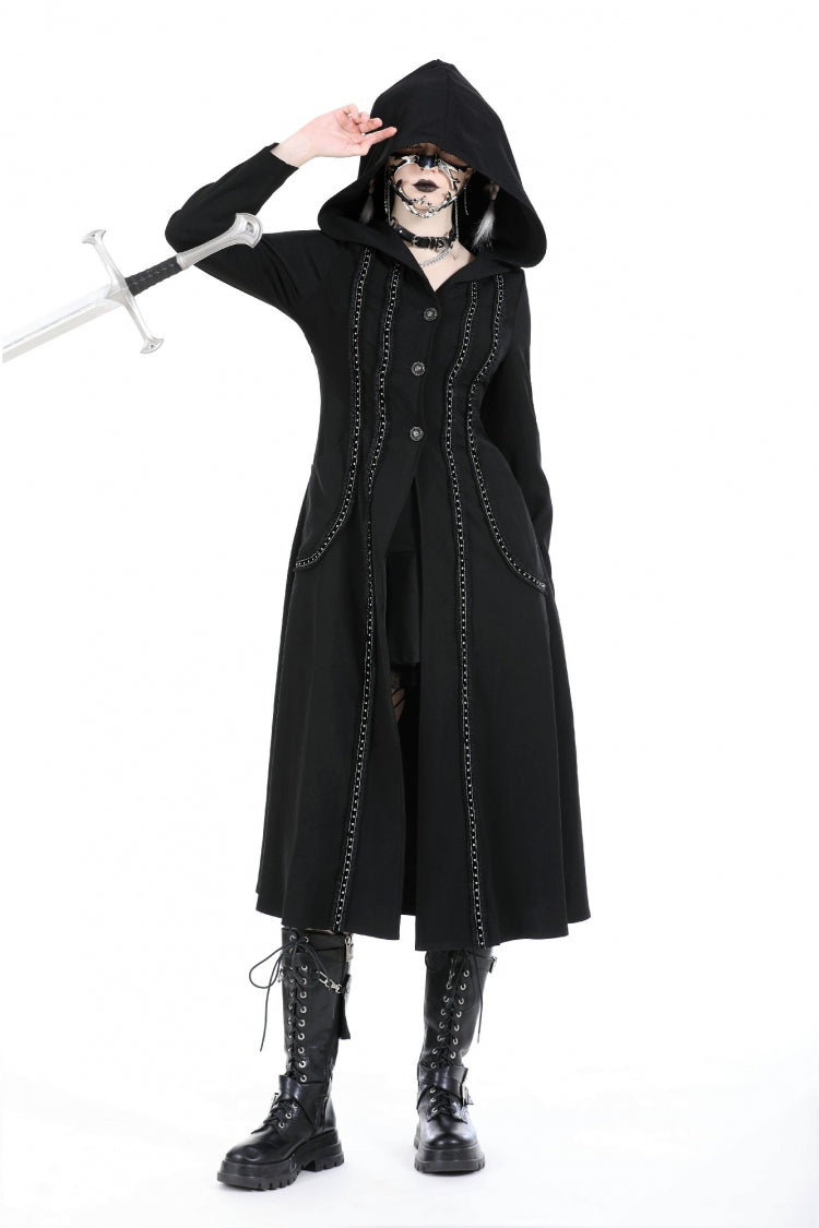 Black Long Sleeves Ruffled Lace-Up Women's Punk Long Jacket with Hood - Product - 11