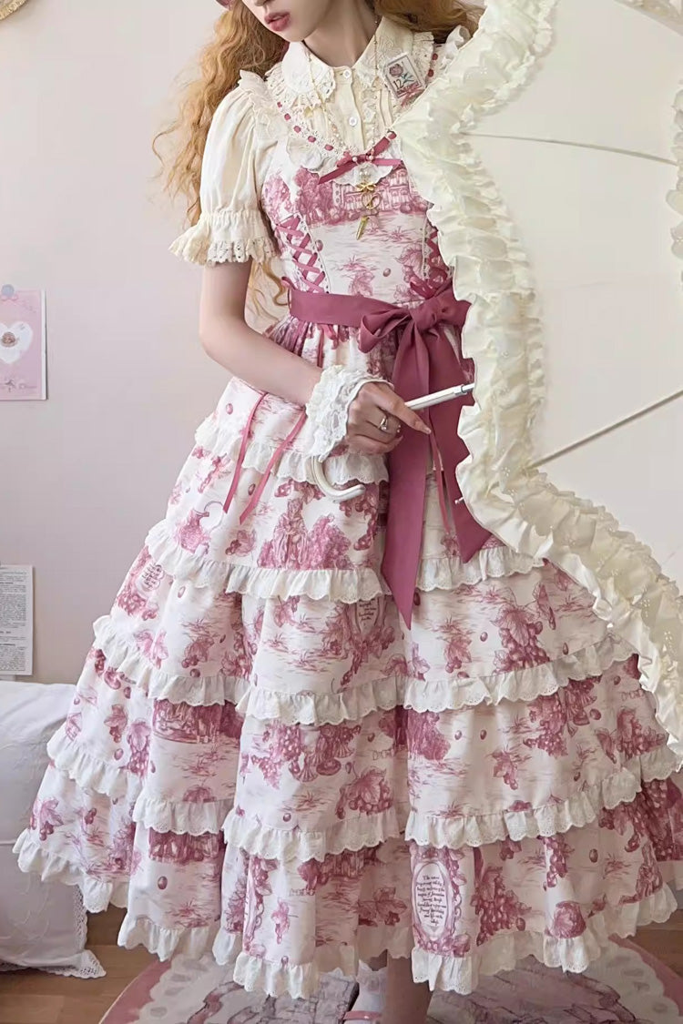 Rose Red [Grape Moon Almanac] Sleeveless Multi-Layered Printed Ruffled Bow Adjustable-Length Sweet Lolita Jsk Dress - Product - 2