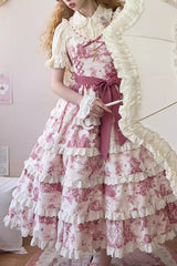 Rose Red [Grape Moon Almanac] Sleeveless Multi-Layered Printed Ruffled Bow Adjustable-Length Sweet Lolita Jsk Dress - Product - 2
