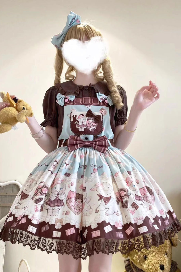 Chocolate Rosette Cat Print Bowknot Stitching Lace Sweet Lolita Jsk Dress 4 Colors - Product - 10