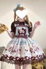 Chocolate Rosette Cat Print Bowknot Stitching Lace Sweet Lolita Jsk Dress 4 Colors - Product - 10