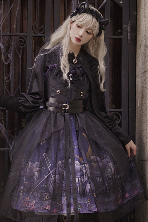 Black Witch Town Print With Veil Gothic Lolita JSK Dress - Product - 2