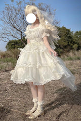 Ivory Square Collar Short Sleeves High Waisted Multi-layer Ruffle Sweet Plus Size Lolita Dress - Product - 3