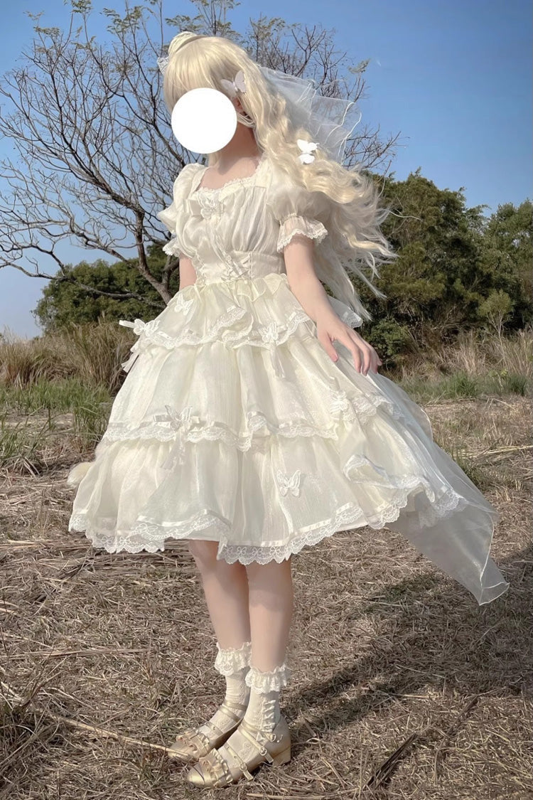 Ivory Square Collar Short Sleeves High Waisted Multi-layer Ruffle Sweet Plus Size Lolita Dress - Product - 3