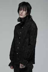 Black Gothic Long Sleeve Mesh Texture Fabric Lace Pleated Ruffle Tie Design Men's Shirt - Product - 2