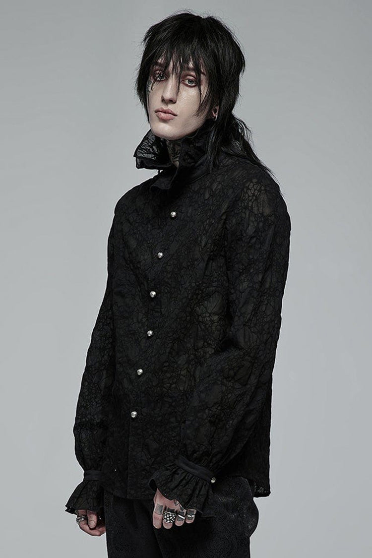 Black Gothic Long Sleeve Mesh Texture Fabric Lace Pleated Ruffle Tie Design Men's Shirt - Product - 2