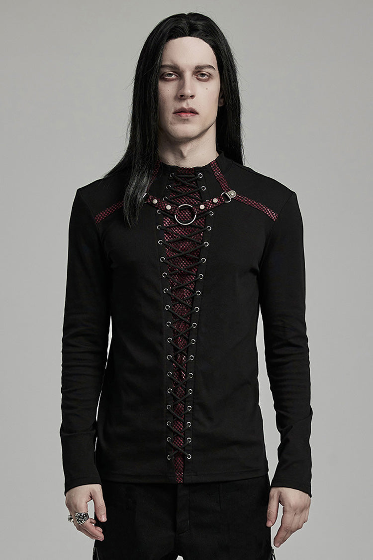 Black/Red Long Sleeves Stitching Lace-Up Ripped Men's Punk Blouse - Black/Red - 1
