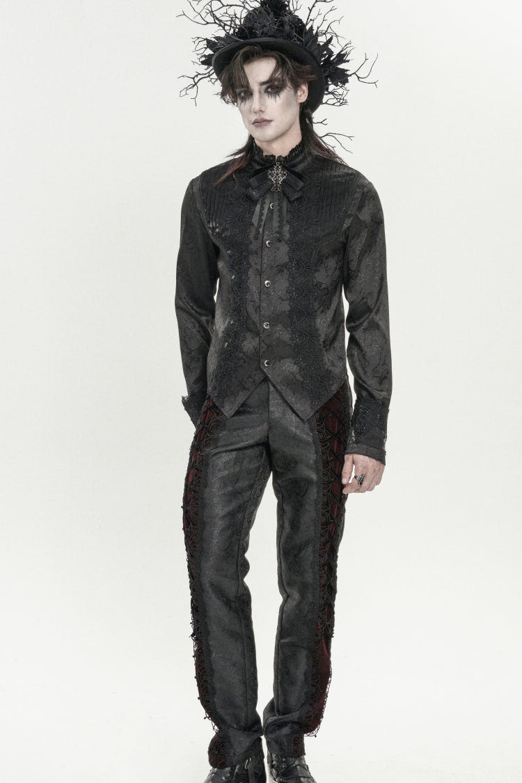 Black Stand Collar Long Sleeves Jacquard Embroidered Bow Lace Men's Gothic Palace Shirt - Product - 8