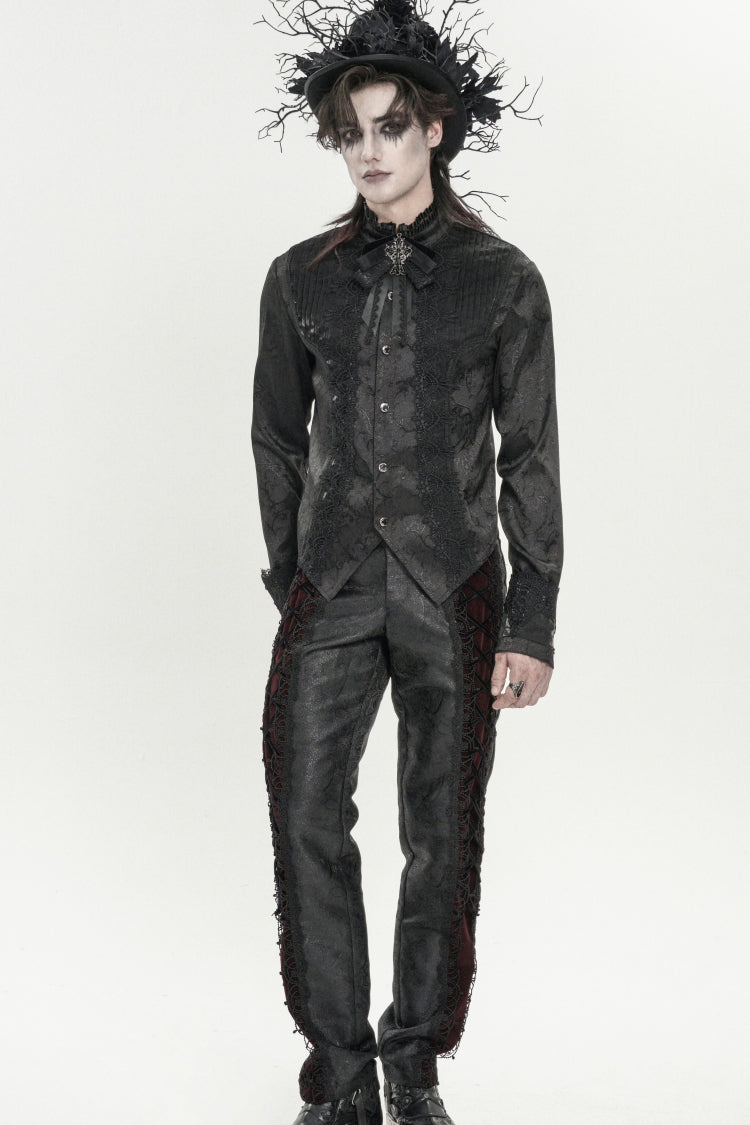 Black Stand Collar Long Sleeves Jacquard Embroidered Bow Lace Men's Gothic Palace Shirt - Product - 8