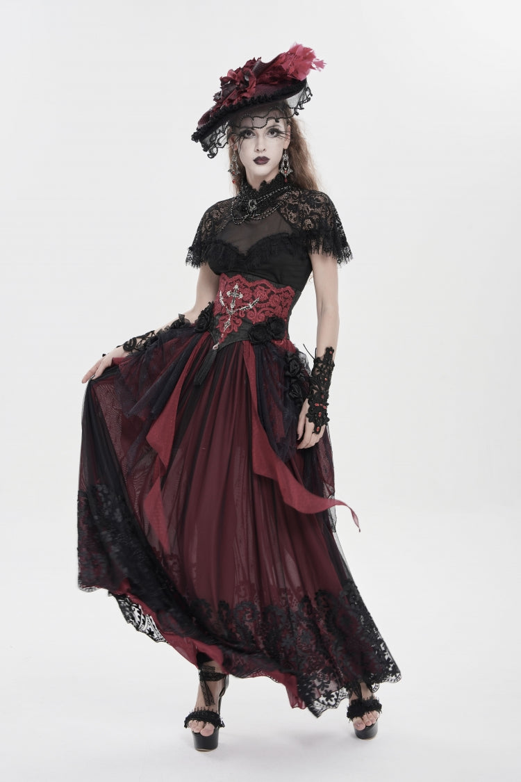 Black/Red Embroidered Lace Women's Gothic Underbust Corset Embroidered Rose Cross Underbust Corset - Product - 6