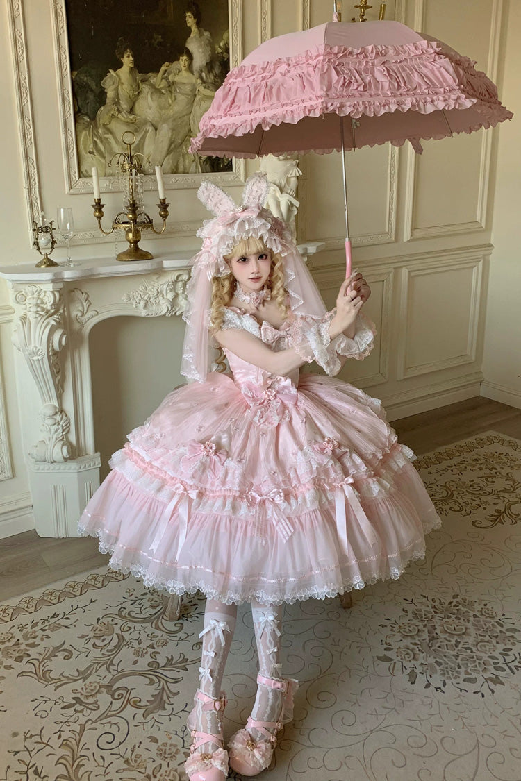 Pink [Sakura Bunny Ballad] Square Collar Flutter Sleeves Jacquard Ruffled Bow Lace Sweet Elegant Luxurious Long Lolita Jsk Dress - Product - 5