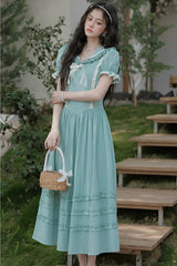 Lake Blue V Collar Short Puff Sleeves Ruffled Lace Sweet College Style Lolita Dress - Product - 8