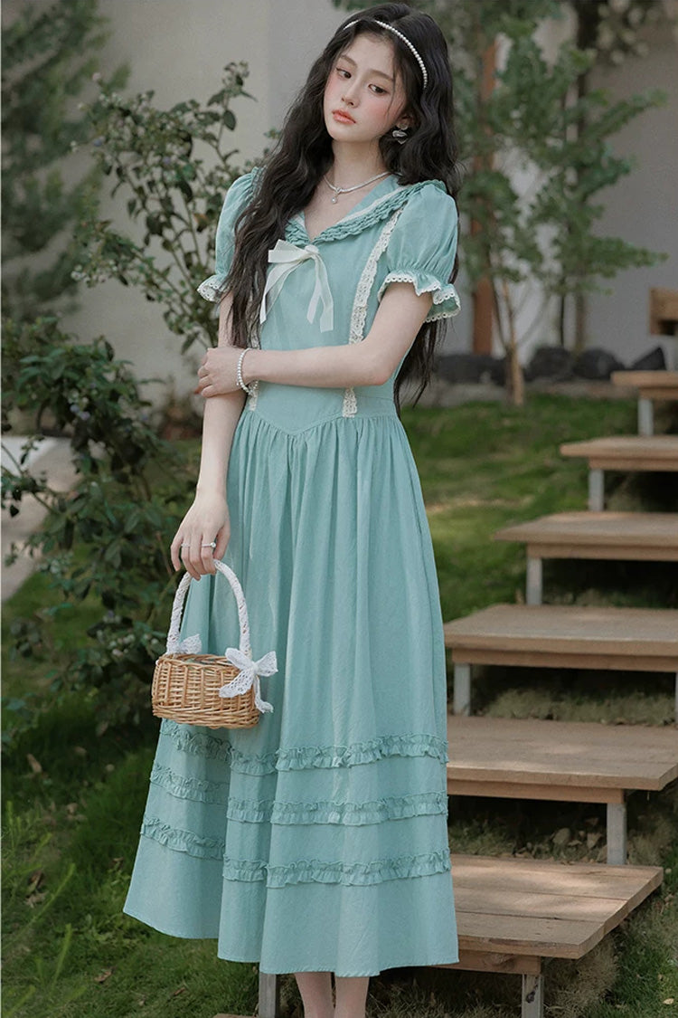 Lake Blue V Collar Short Puff Sleeves Ruffled Lace Sweet College Style Lolita Dress - Product - 8