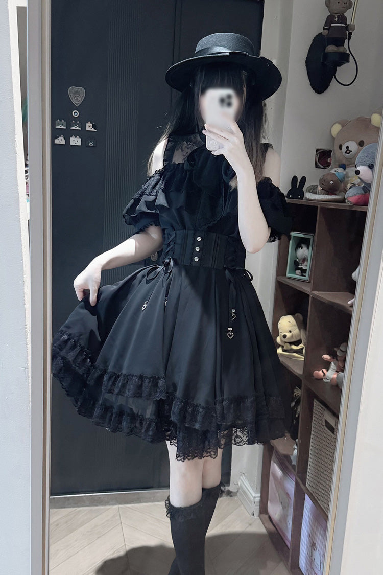 [Highness White Camellia] Off Shoulder Short Sleeves Double-Layered Ruffled Bow Lace Lace-Up Jirai Kei Plus Size Japanese Skirt Blouse Set 2 Colors - Product - 2