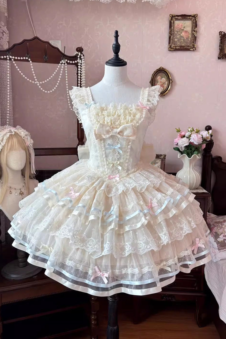 Apricot [Butterfly Heart Ballet] Triple-Layered Ruffle Bowknot Lace Sweet Ballet Lolita Jsk Dress - Product - 3