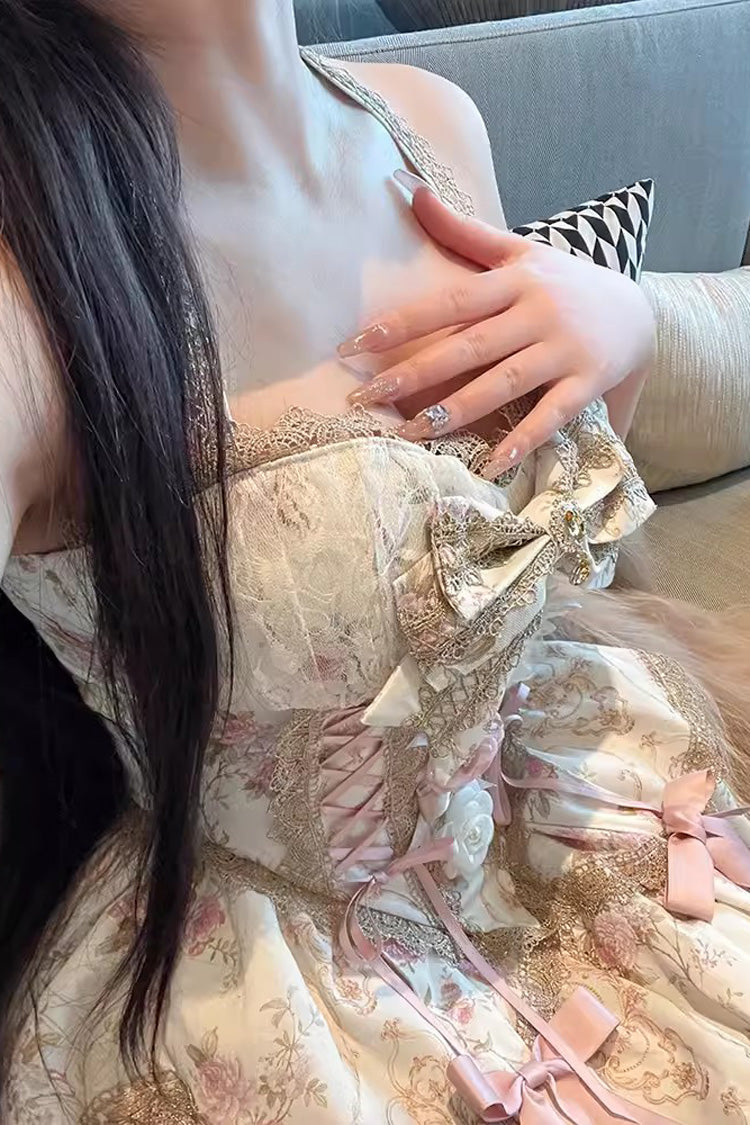 Champagne Halterneck Rich Flower Bowknot Lace-Up Sweet Gorgeous Lolita Skirt Dress Set - Product - 5