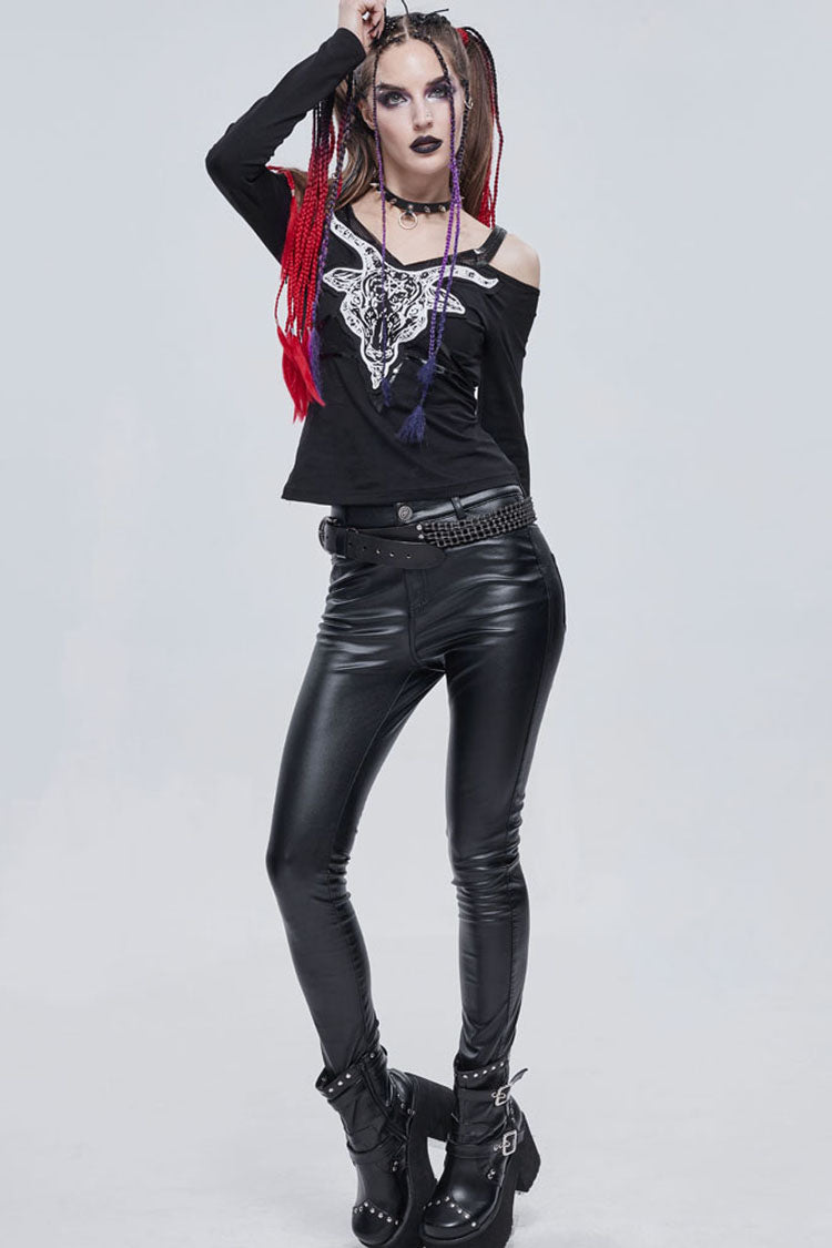 Black Punk Devil Sheep Head Printed Long Sleeves Off The Shoulder Women's Shirt - Product - 7