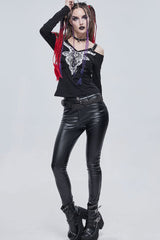 Black Punk Devil Sheep Head Printed Long Sleeves Off The Shoulder Women's Shirt - Product - 7