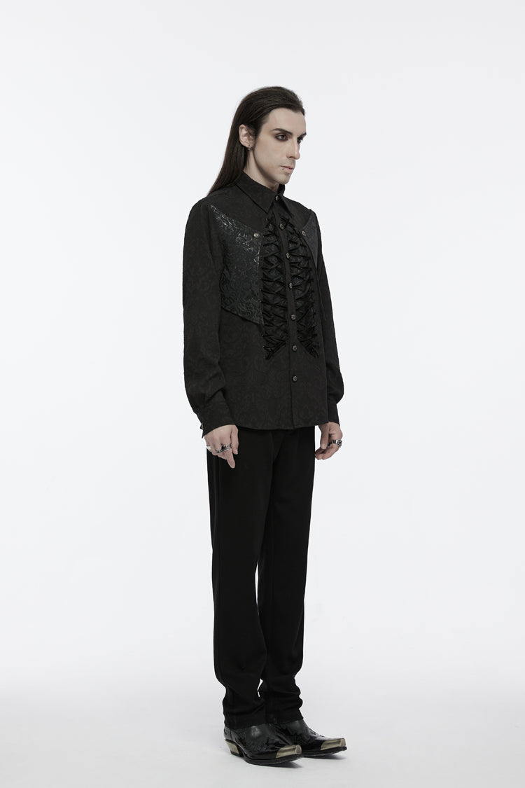 Black Lapel Collar Long Sleeves Jacquard Print Drawstring Lace-Up Men's Gothic Blouse - Product - 2