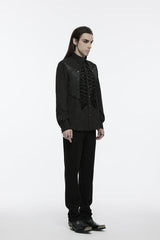 Black Lapel Collar Long Sleeves Jacquard Print Drawstring Lace-Up Men's Gothic Blouse - Product - 2