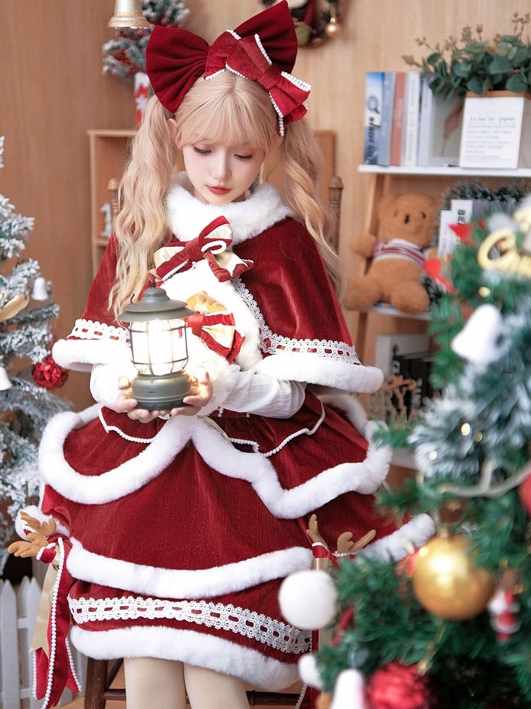 Red & White Christmas Lolita Full Set - JSK, Top & Cape detail view 7